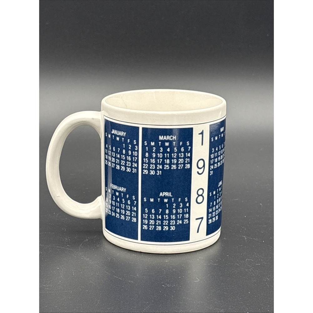 Vintage 1987 Caledar Coffee Mug - Blue & White Retro Novelty Cup